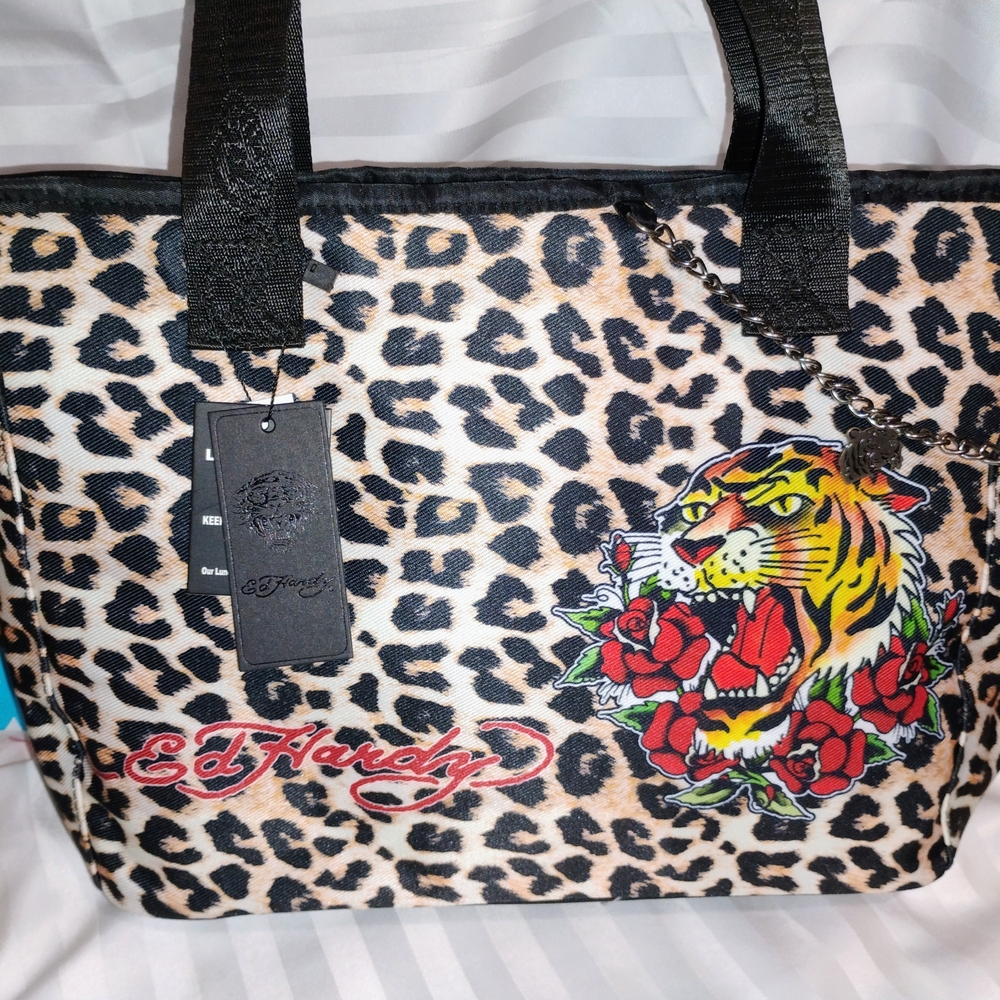 Ed Hardy Leopard Lunch Tote with Colorful Tiger & Rose Patch